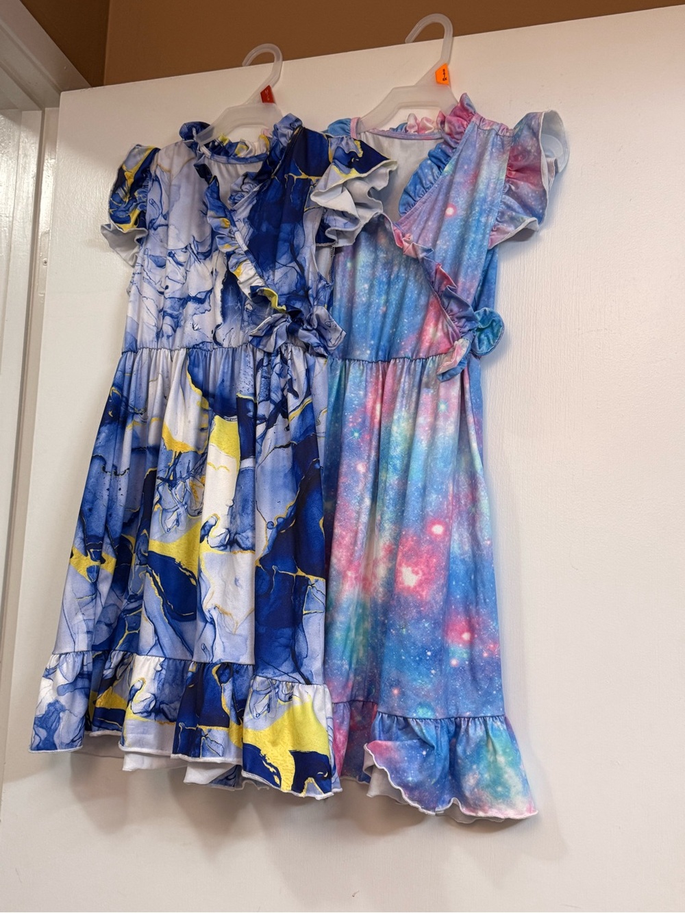 Galaxy Print Blue & Pink Kids Dress with Ruffle Trim